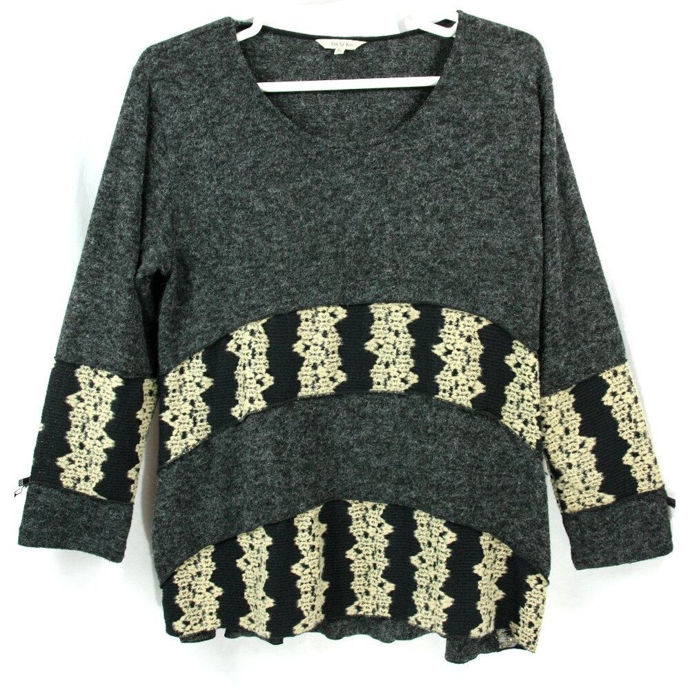 Yak & Yeti Heather Gray Fine Knit Zig Zag Inset Round Neck Sweater Tunic Top XL